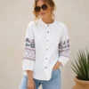 HAADIVASTRA Women Relaxed Fit Embroidered Mandarin Collar Casual Shirt