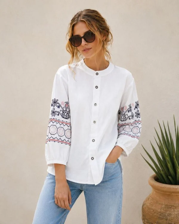 HAADIVASTRA Women Relaxed Fit Embroidered Mandarin Collar Casual Shirt