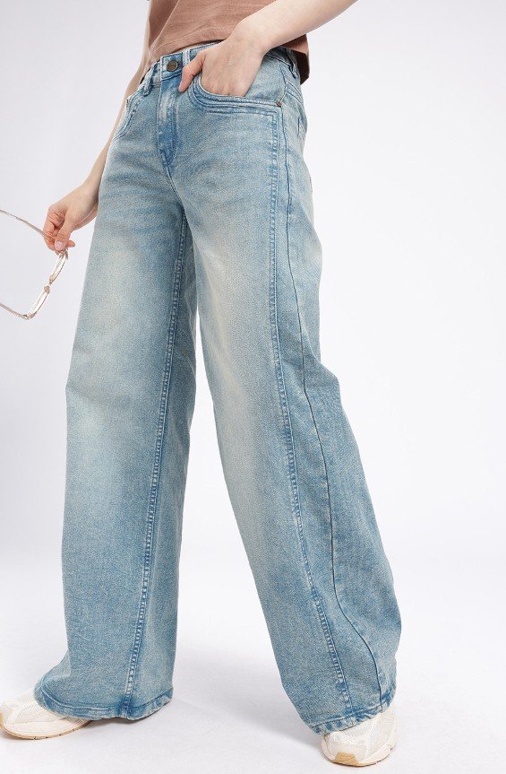 Glitchez Women Wide Leg Light Faded Stretchable Jeans