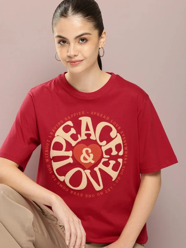TonZon Women Graphic Print Round Neck Cotton Blend Red T-Shirt