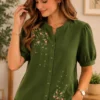 HAADIVASTRA Women Relaxed Fit Embroidered Mandarin Collar Casual Shirt