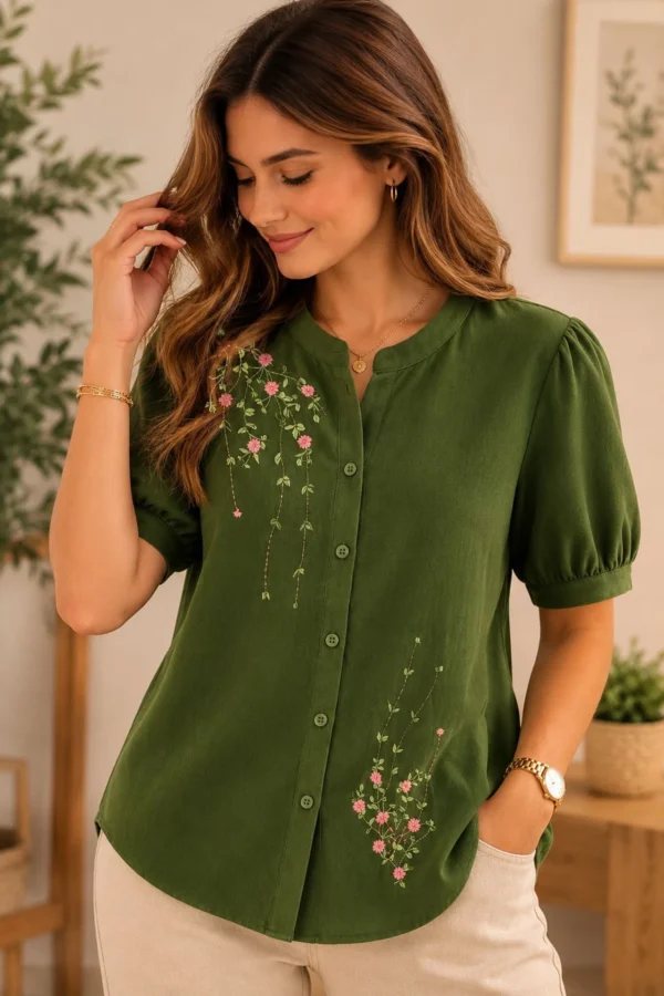 HAADIVASTRA Women Relaxed Fit Embroidered Mandarin Collar Casual Shirt