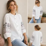 HAADIVASTRA Women Relaxed Fit Embroidered Mandarin Collar Casual Shirt