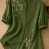 HAADIVASTRA Women Relaxed Fit Embroidered Mandarin Collar Casual Shirt