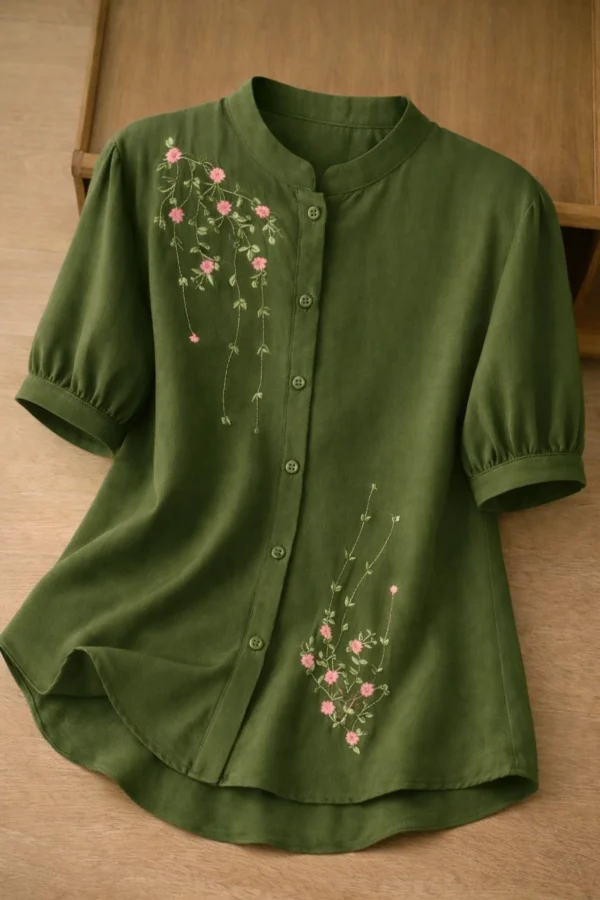 HAADIVASTRA Women Relaxed Fit Embroidered Mandarin Collar Casual Shirt