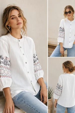 HAADIVASTRA Women Relaxed Fit Embroidered Mandarin Collar Casual Shirt