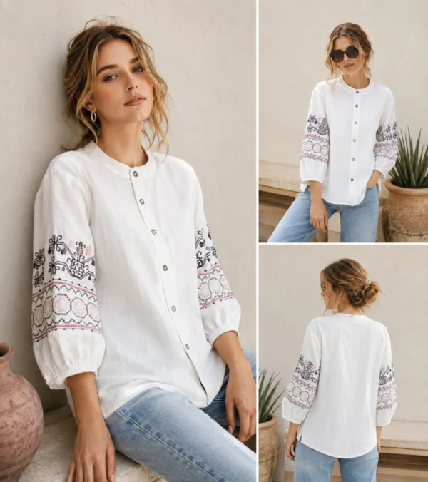 HAADIVASTRA Women Relaxed Fit Embroidered Mandarin Collar Casual Shirt