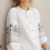HAADIVASTRA Women Relaxed Fit Embroidered Mandarin Collar Casual Shirt