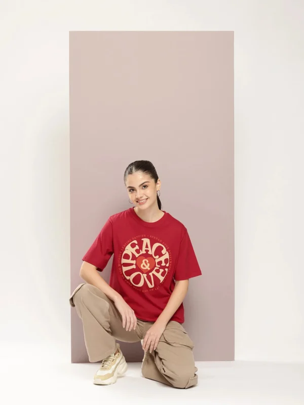 TonZon Women Graphic Print Round Neck Cotton Blend Red T-Shirt