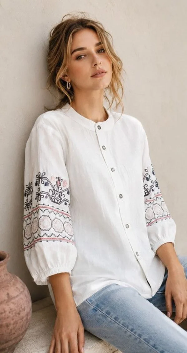 HAADIVASTRA Women Relaxed Fit Embroidered Mandarin Collar Casual Shirt