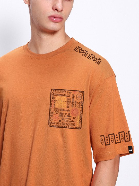 Bewakoof Men's Orange Sippin Sun Graphic Printed Oversized T-shirt