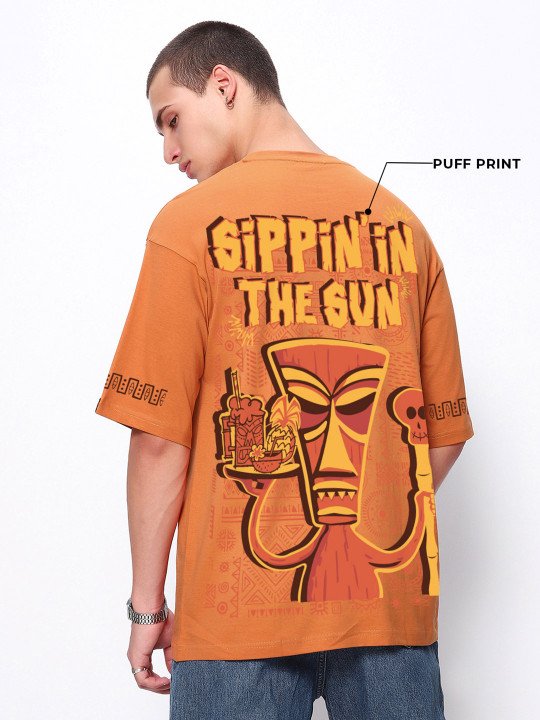 Bewakoof Men's Orange Sippin Sun Graphic Printed Oversized T-shirt