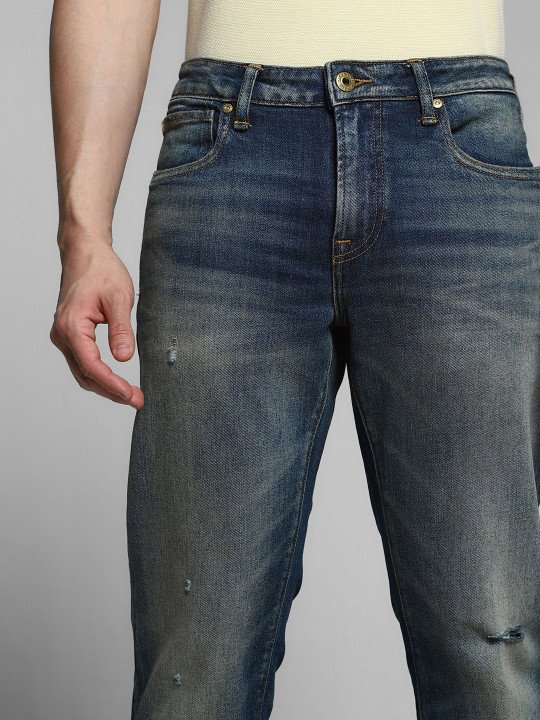 Jack & Jones Men Slim Fit Low-Rise Mildly Distressed Light Fade Stretchable Jeans