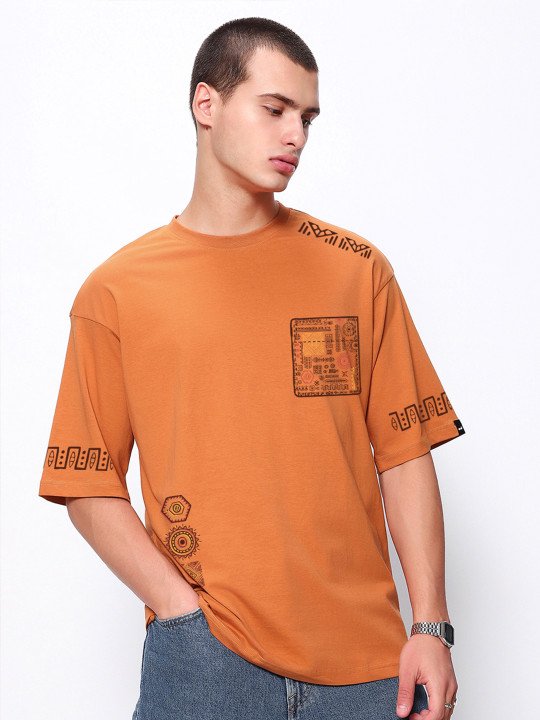 Bewakoof Men's Orange Sippin Sun Graphic Printed Oversized T-shirt