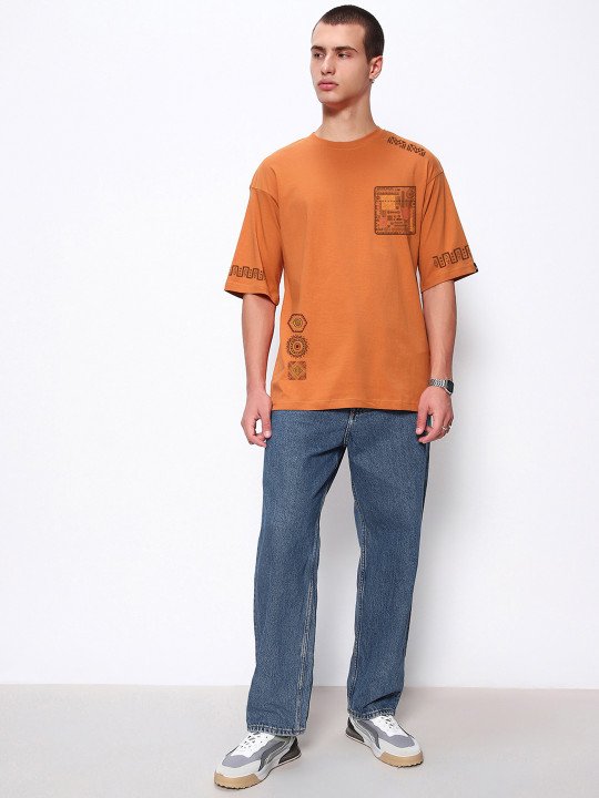 Bewakoof Men's Orange Sippin Sun Graphic Printed Oversized T-shirt