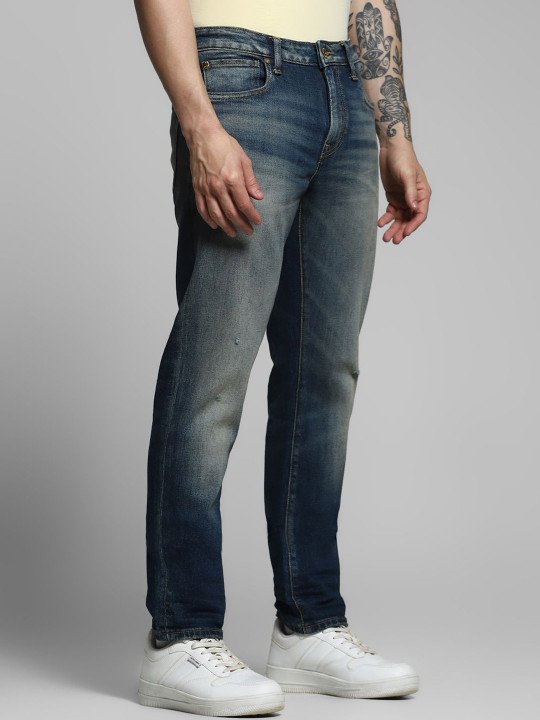 Jack & Jones Men Slim Fit Low-Rise Mildly Distressed Light Fade Stretchable Jeans