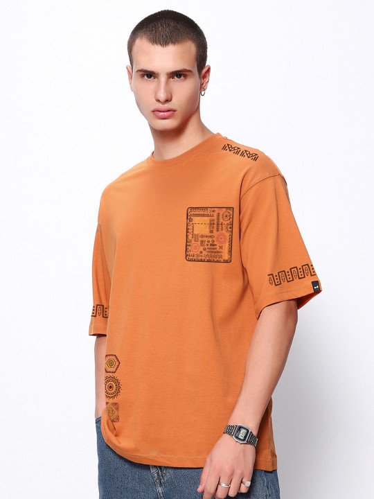 Bewakoof Men's Orange Sippin Sun Graphic Printed Oversized T-shirt