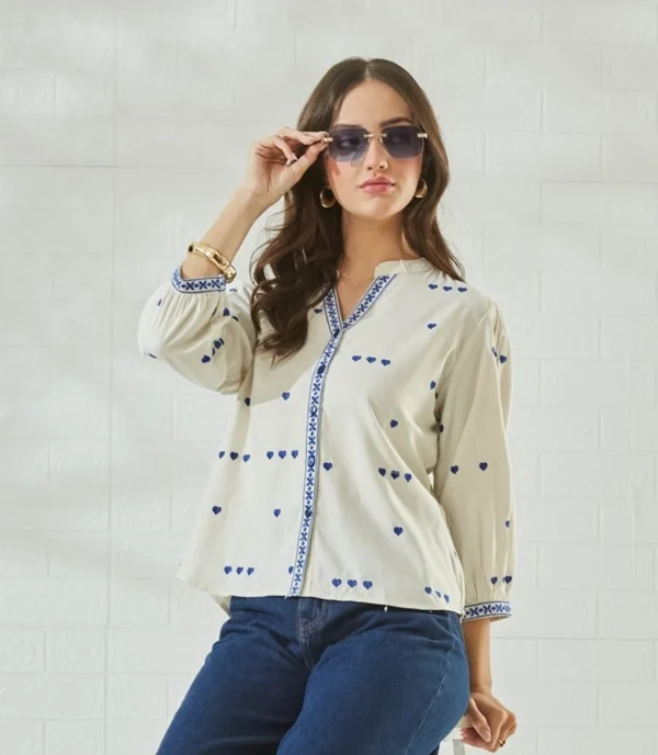 Embroidered Mandarin Collar Casual Shirt