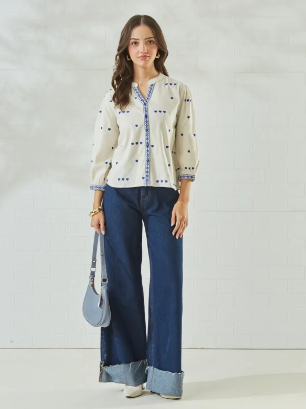 Embroidered Mandarin Collar Casual Shirt