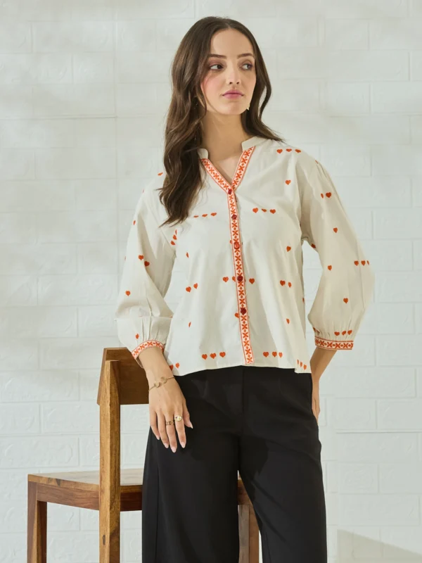 Embroidered Mandarin Collar Casual Shirt