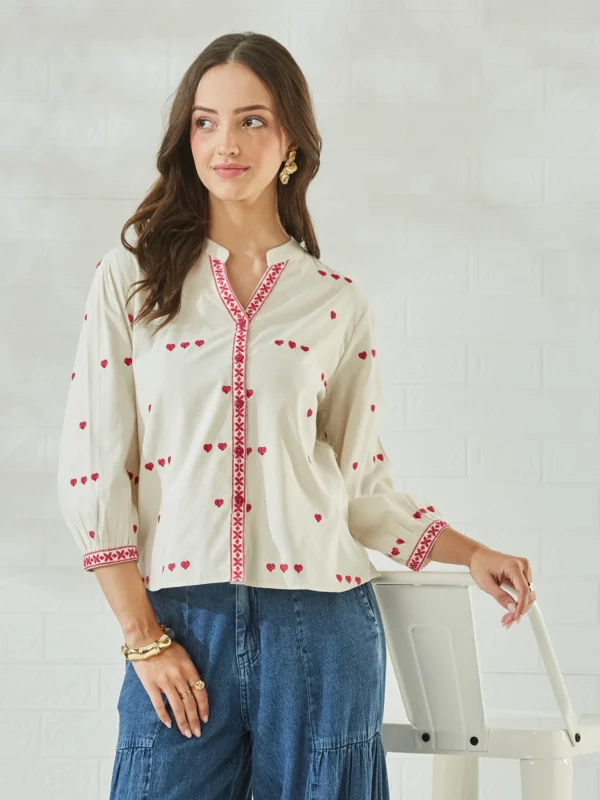 Embroidered Mandarin Collar Casual Shirt