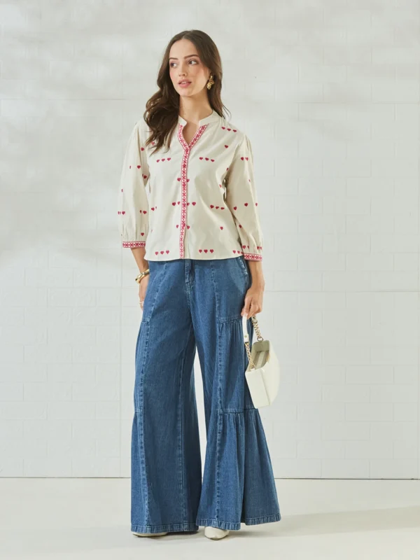 Embroidered Mandarin Collar Casual Shirt