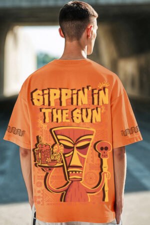 Bewakoof Men's Orange Sippin Sun Graphic Printed Oversized T-shirt