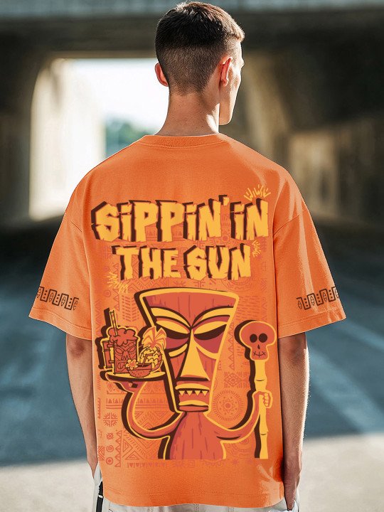 Bewakoof Men's Orange Sippin Sun Graphic Printed Oversized T-shirt