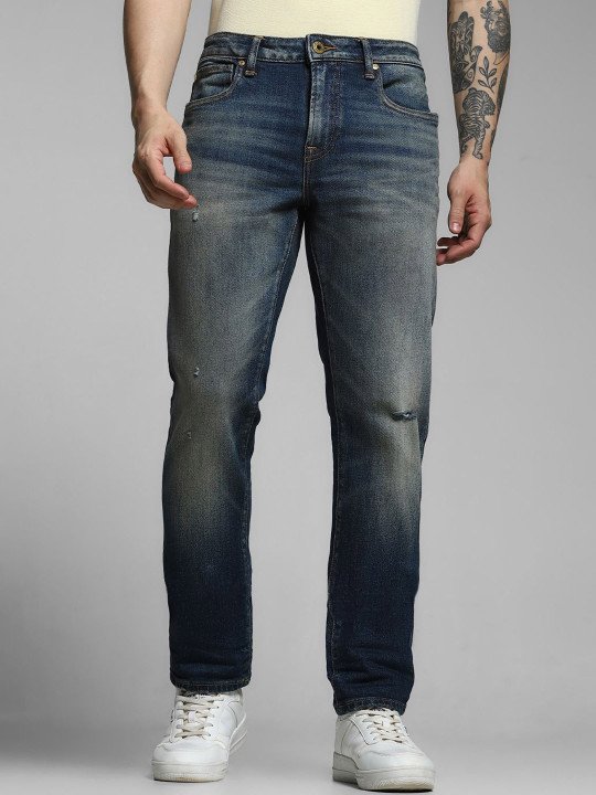 Jack & Jones Men Slim Fit Low-Rise Mildly Distressed Light Fade Stretchable Jeans